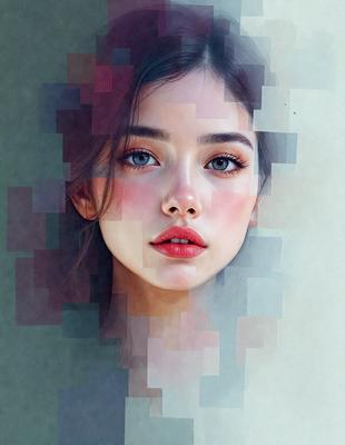 The primary subject of the image is a woman with red lips and pink cheeks. She is looking directly at the camera, and her eyes are open. The setting is a close-up of her face, and the visual style is a digital art or illustration. The colors in the image are predominantly red and pink, creating a warm and inviting atmosphere.